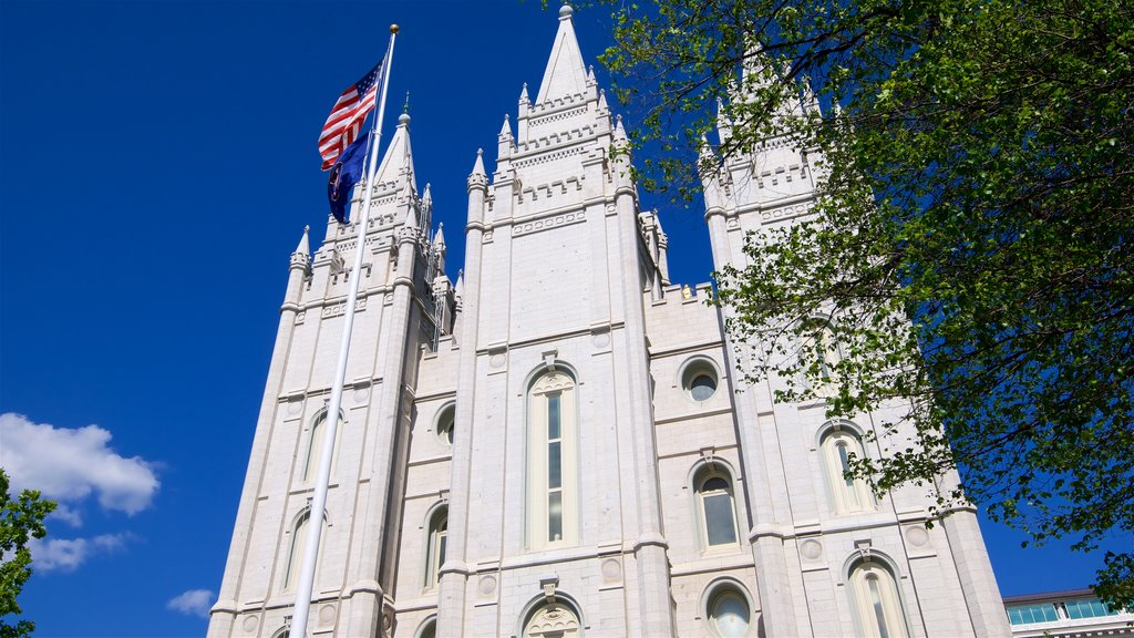 Salt Lake Temple featuring a church or cathedral and heritage architecture