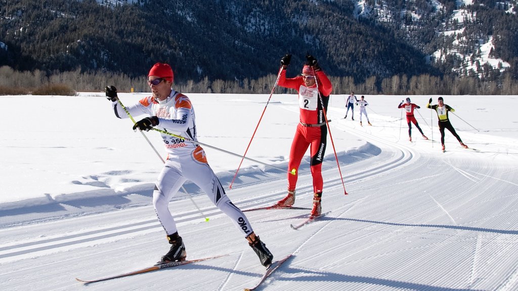 Sun Valley joka esittää lunta ja hiihto sekä pieni ryhmä ihmisiä