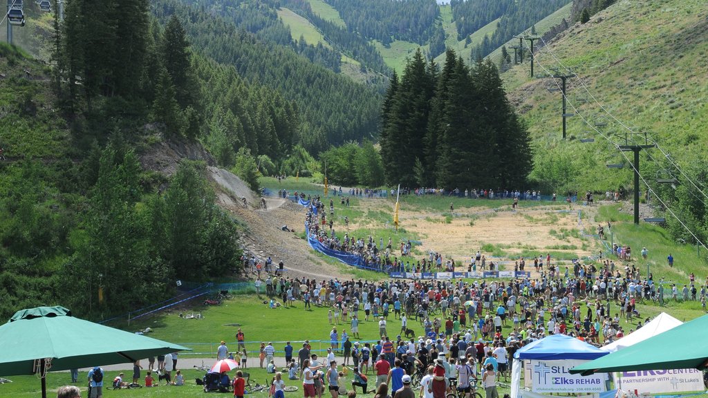 Sun Valley which includes tranquil scenes and mountain biking as well as a large group of people