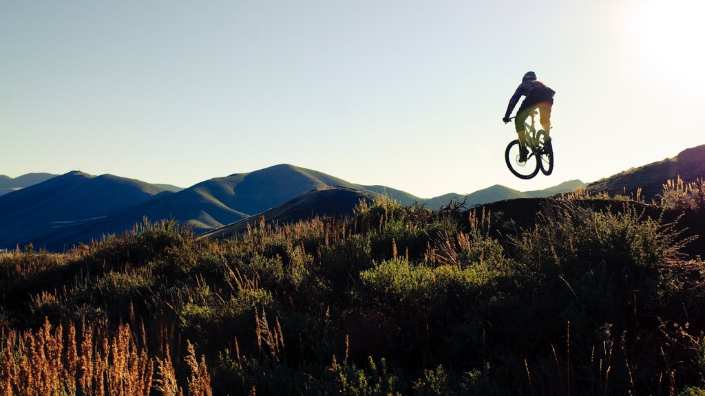 Sun Valley mettant en vedette vélo de montagne et paysages paisibles aussi bien que un homme seul