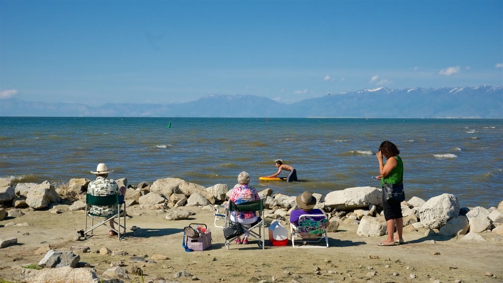 Parque estatal Great Salt Lake mostrando una playa de guijarros y también un pequeño grupo de personas