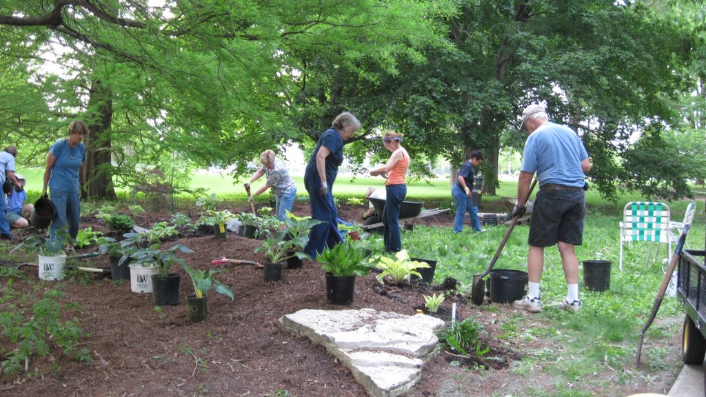 Champaign showing a garden as well as a small group of people