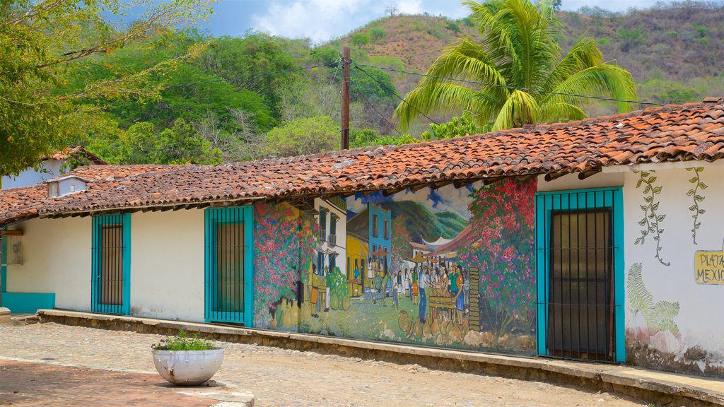 Copala que incluye una pequeña ciudad o pueblo y arte al aire libre