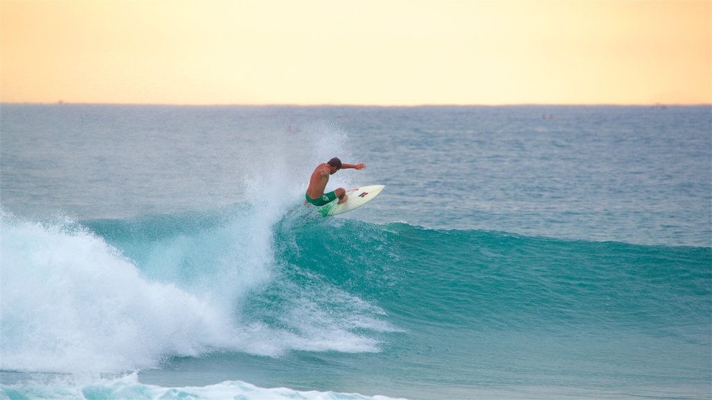 Zicatela Beach mettant en vedette surf, coucher de soleil et vagues