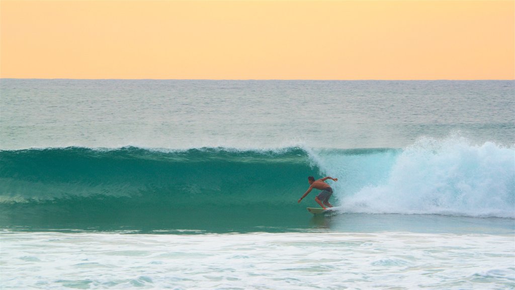 Zicatela Beach welches beinhaltet Wellen, Sonnenuntergang und Surfen