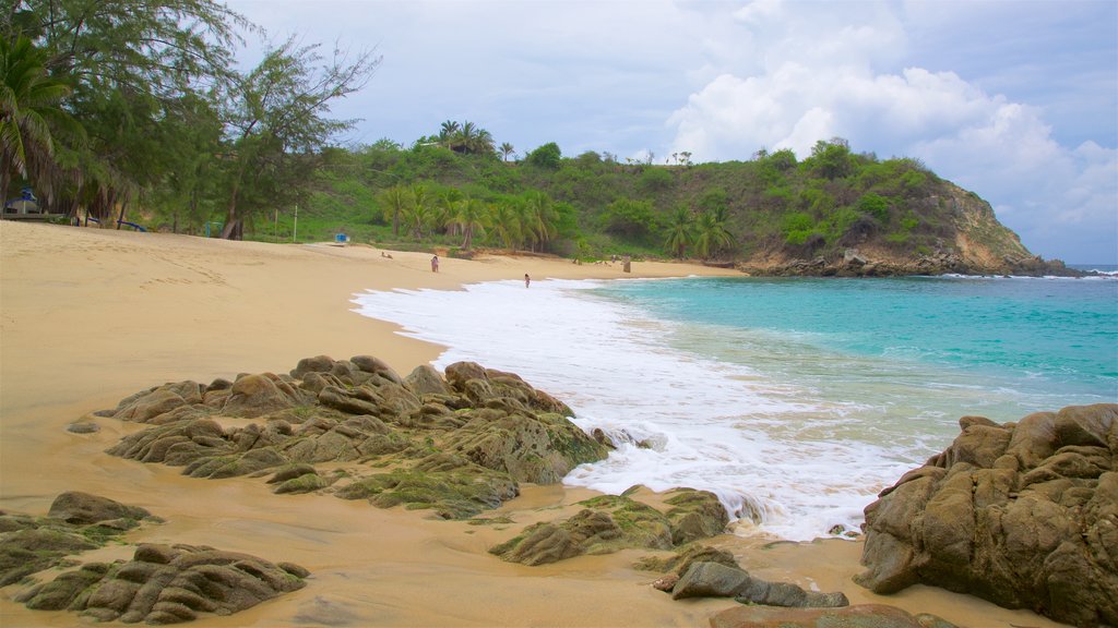 Bacocho Beach showing rocky coastline, a sandy beach and general coastal views