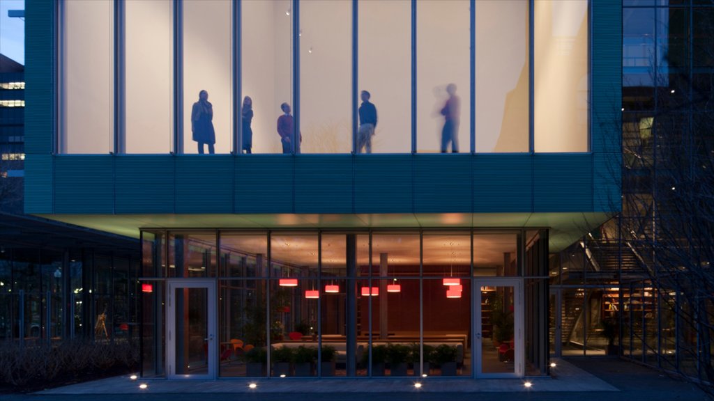 Museo Isabella Stewart Gardner que incluye escenas nocturnas, arquitectura moderna y una ciudad