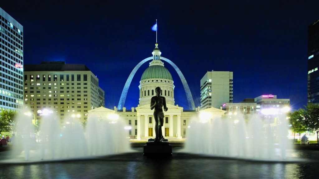 Jefferson National Expansion Memorial Park which includes a memorial, night scenes and a fountain