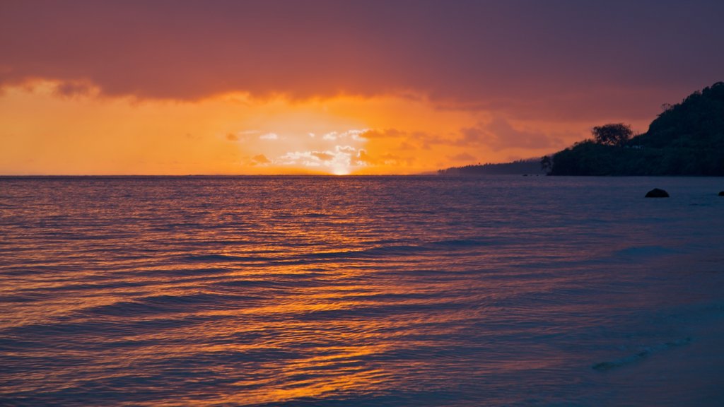 Costa de Coral mostrando una puesta de sol, vistas generales de la costa y escenas tropicales