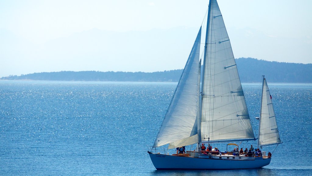 San Juan Islands ofreciendo vista general a la costa y botes y también un pequeño grupo de personas