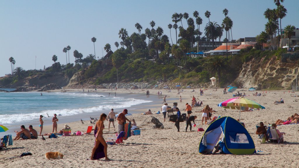 Laguna Beach mostrando surf, vista general a la costa y una playa de arena