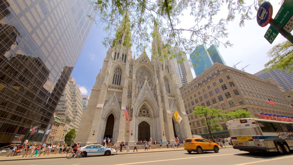 Catedral de São Patrício mostrando elementos de patrimônio, uma cidade e uma igreja ou catedral