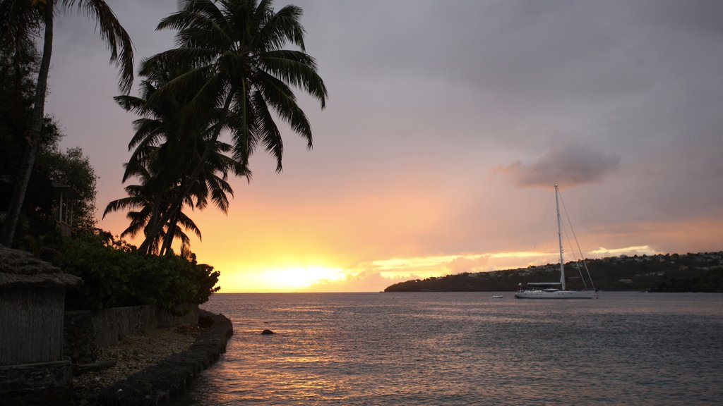 San Vicente y las Granadinas ofreciendo una bahía o un puerto, escenas tropicales y un atardecer