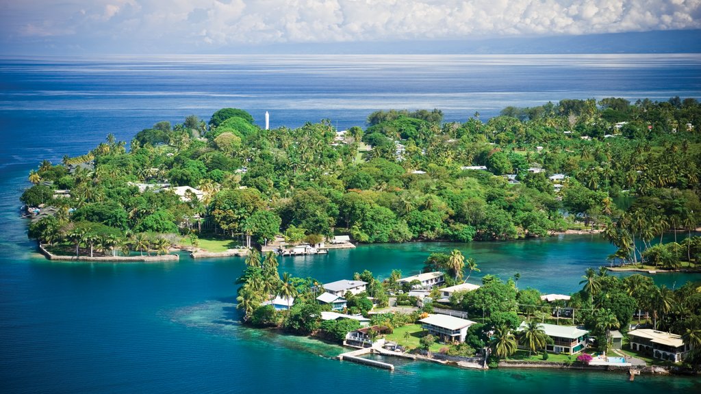 Madang que incluye vista general a la costa, escenas tropicales y una ciudad costera