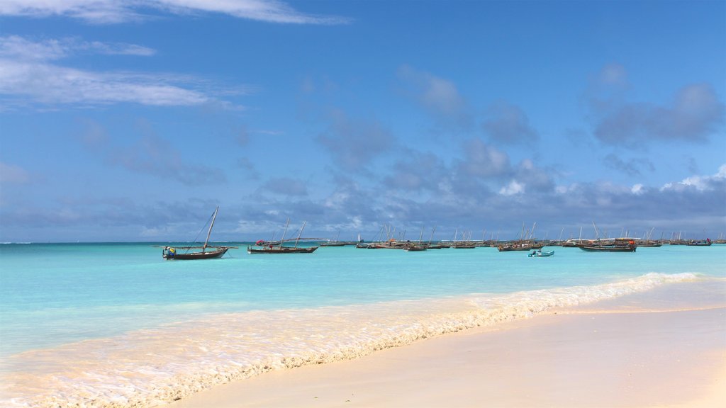 Nungwi Beach showing a beach, a bay or harbor and kayaking or canoeing