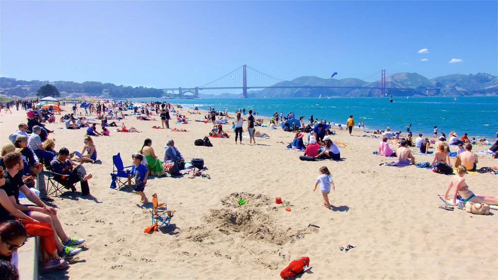 São Francisco mostrando uma praia de areia e uma ponte suspensa ou passarela entre as árvores assim como um grande grupo de pessoas