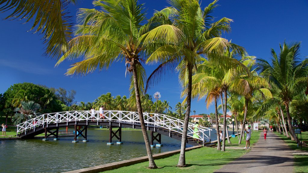 Josone Park featuring a river or creek, a bridge and a garden