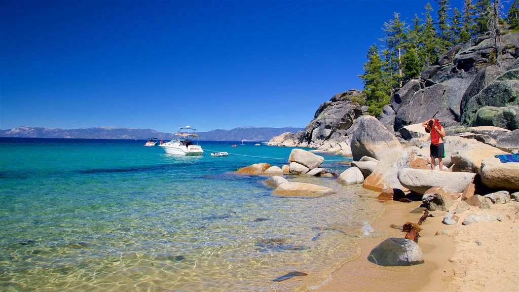 D. L. Bliss State Park showing a beach, rugged coastline and boating