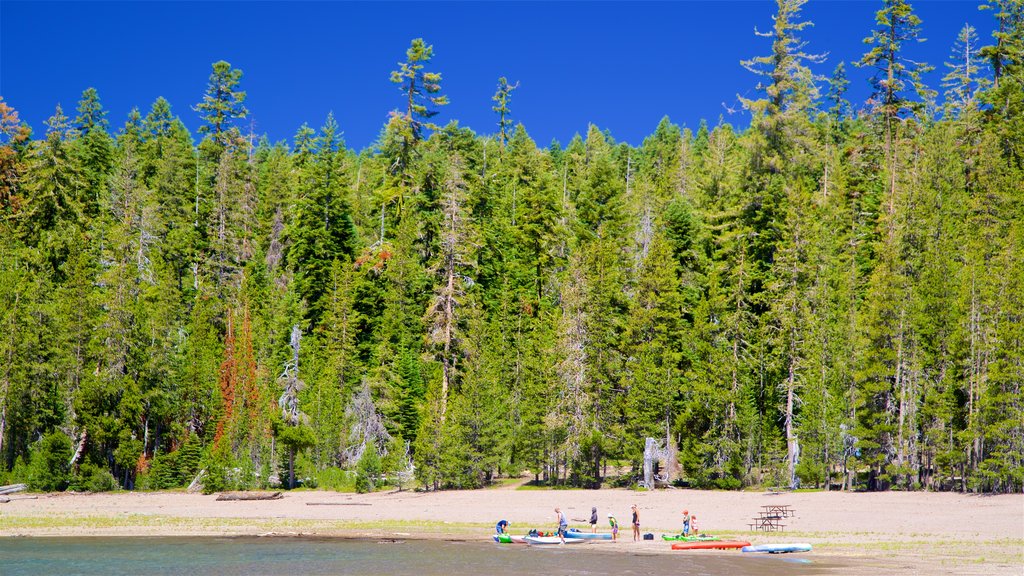 Juniper Lake showing a lake or waterhole and kayaking or canoeing as well as a small group of people