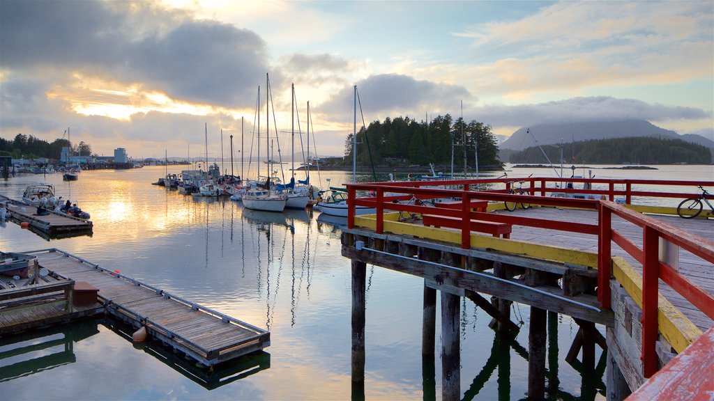 Tofino featuring a lake or waterhole, a sunset and a bay or harbour