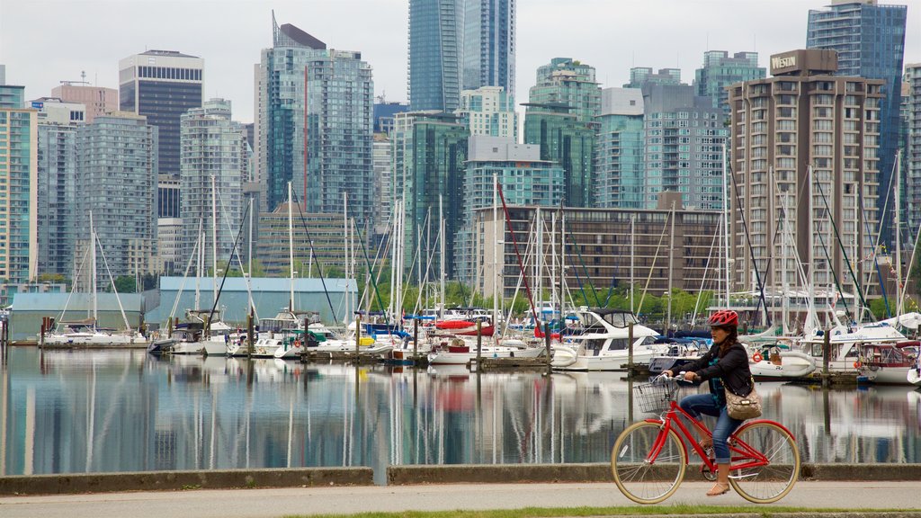 Stanley Park qui includes une baie ou un port, une ville et un gratte-ciel