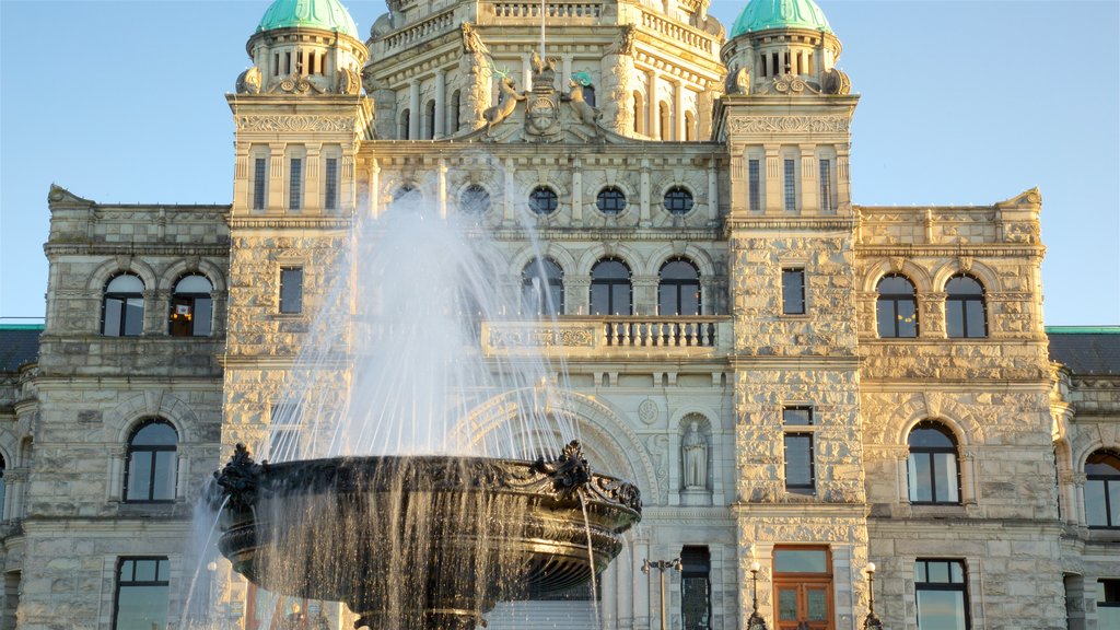 British Columbia Parliament Building featuring heritage architecture and a fountain