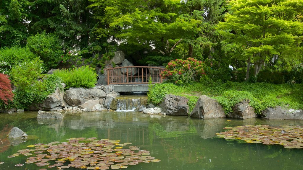 Jardines Kasugai que incluye un estanque, flores silvestres y un puente