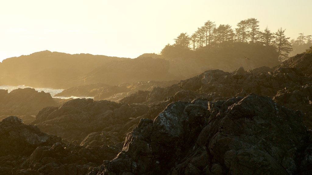 Wild Pacific Trail featuring landscape views, rugged coastline and a sunset