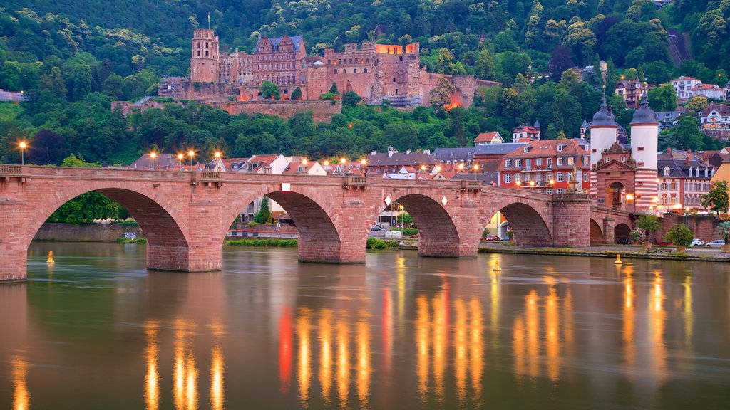 Puente Karl Theodor mostrando escenas nocturnas, elementos del patrimonio y un río o arroyo