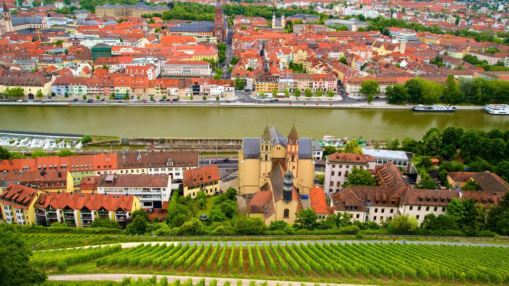 Fortress Marienberg which includes farmland, a river or creek and a city