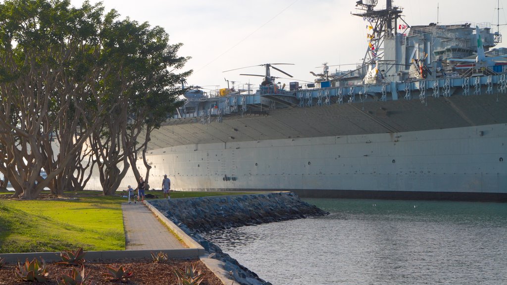 Navy Pier showing military items and a marina