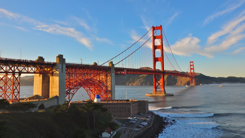 Presidio Military Reservation featuring a bridge, a bay or harbour and heritage architecture