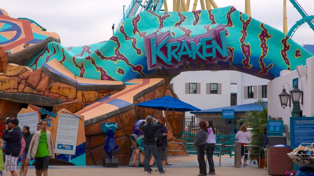 Aquatica which includes a city, signage and marine life