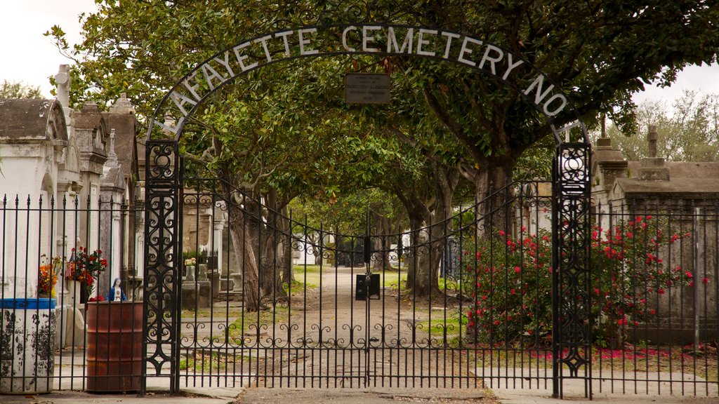 Lafayette Cemetery which includes signage, a cemetery and a memorial