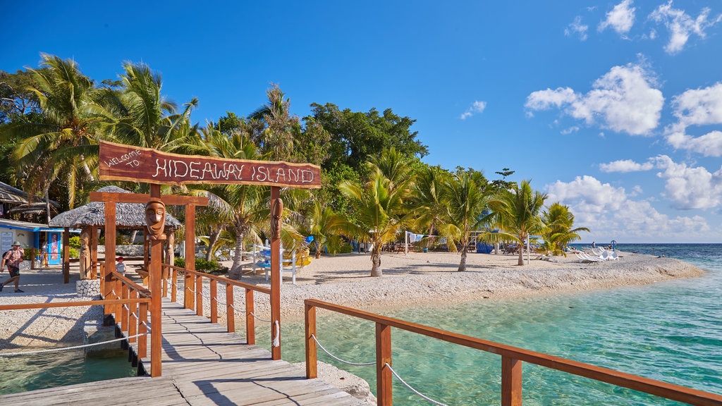 Hideaway Island showing tropical scenes, signage and a beach