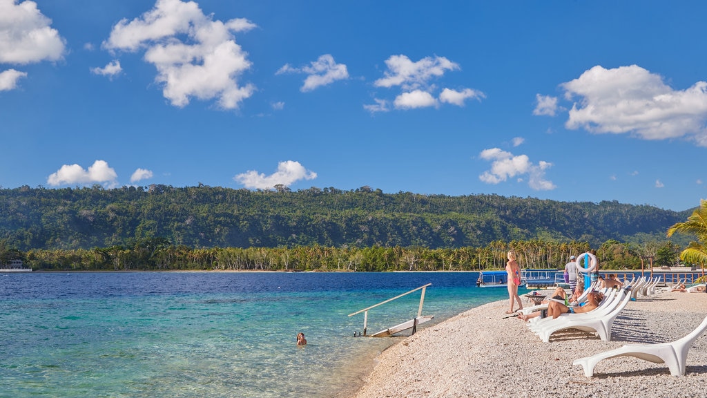 Hideaway Island which includes tropical scenes and a beach