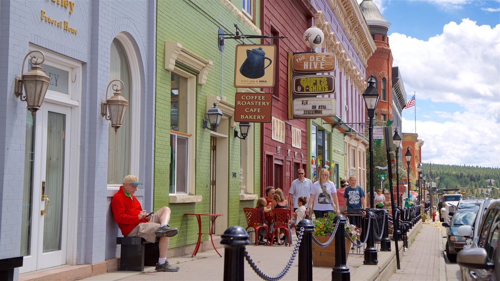 Leadville featuring signage as well as a small group of people