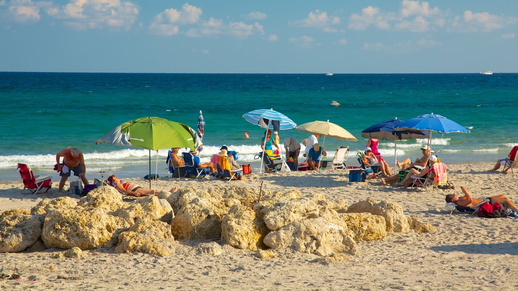 Deerfield Beach Pier showing landscape views, swimming and a beach