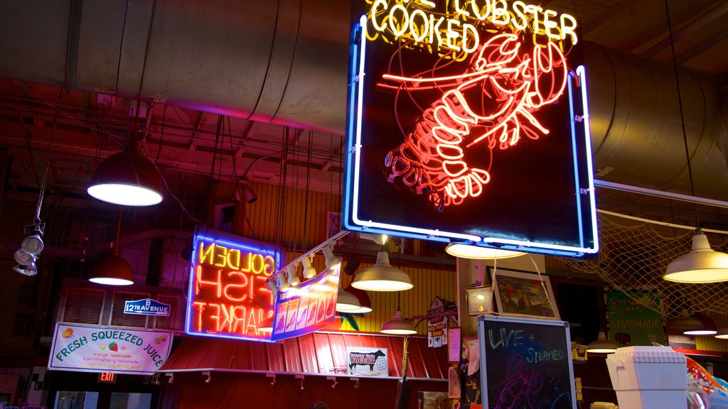 Reading Terminal Market mettant en vedette dîner en ville, signalisation et vues intérieures