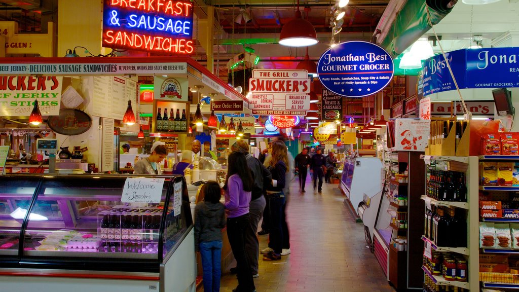 Reading Terminal Market showing markets, interior views and food