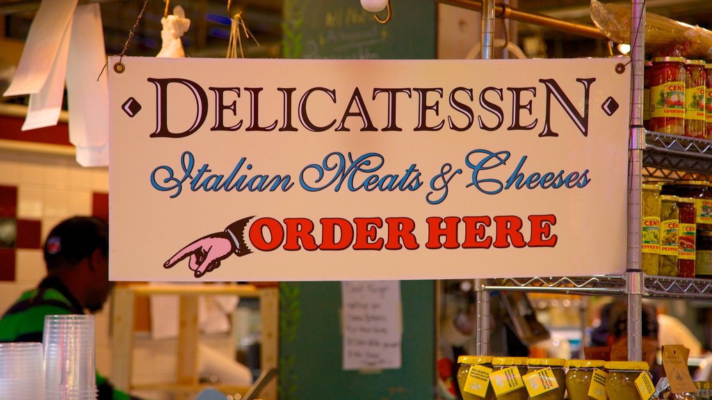 Reading Terminal Market which includes signage, markets and interior views