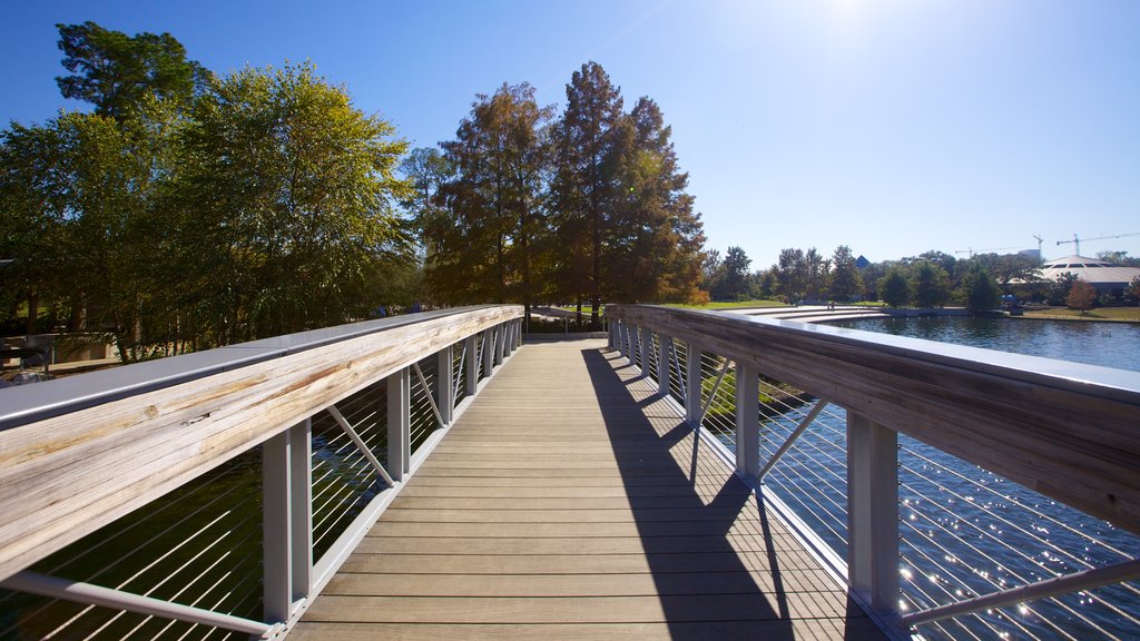 Hermann Park showing a park, a bridge and a pond