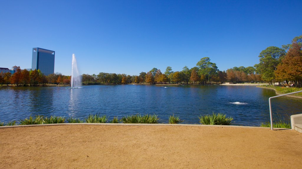 Hermann Park featuring skyline, landscape views and a lake or waterhole