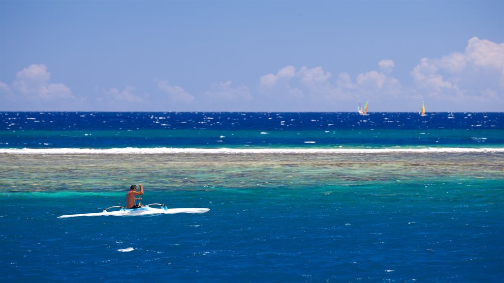 Tahití ofreciendo vista general a la costa y kayaks o canoas y también un hombre