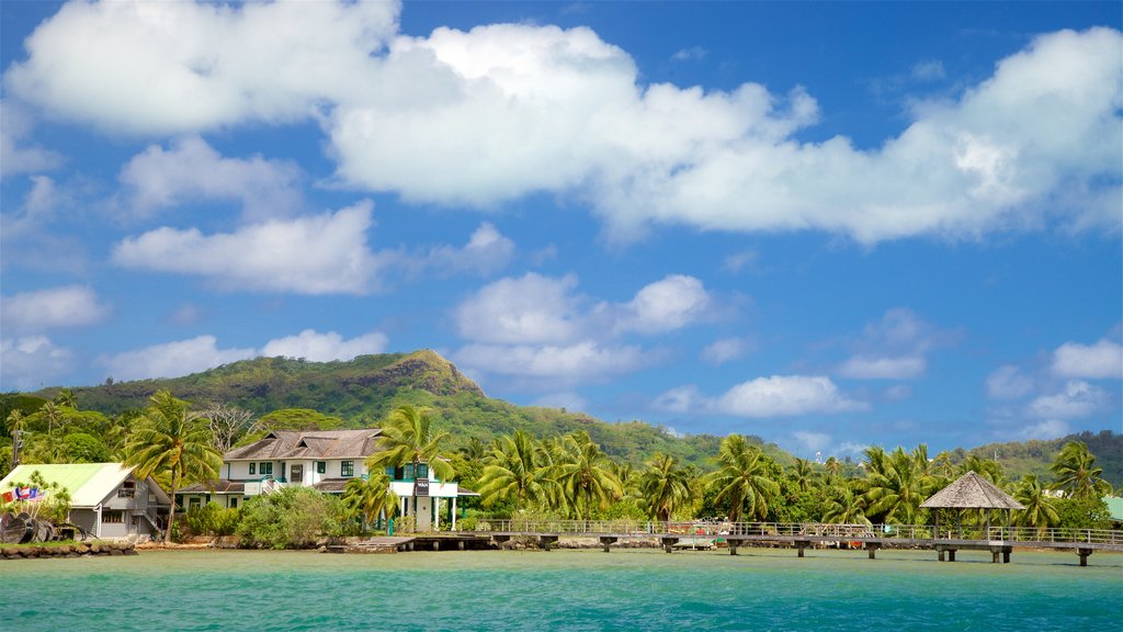 Vaitape Harbor which includes tropical scenes and general coastal views