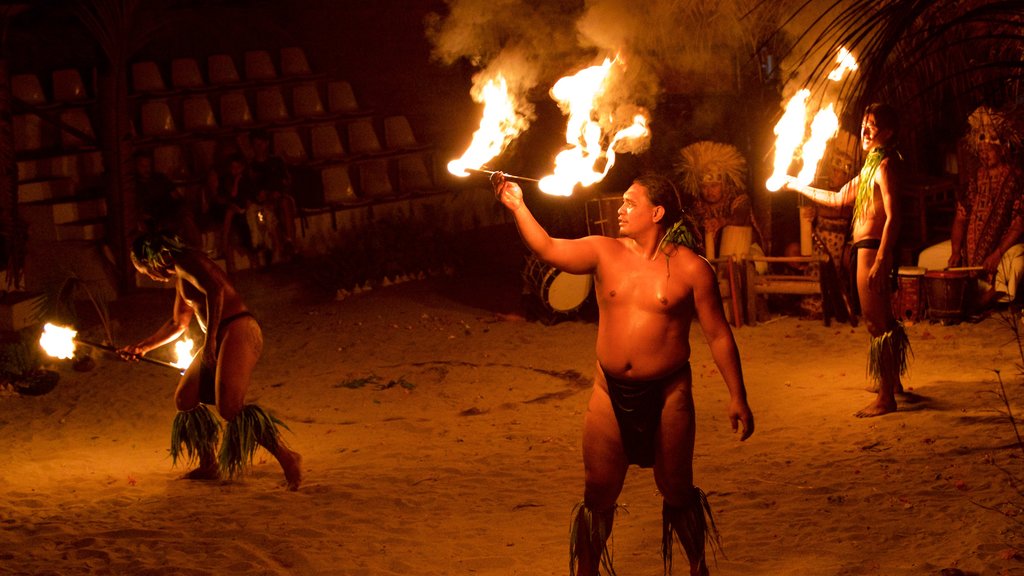 Tiki Village Cultural Centre featuring performance art, night scenes and indigenous culture