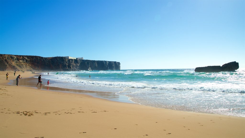 Tonel Beach which includes a sandy beach, general coastal views and rugged coastline