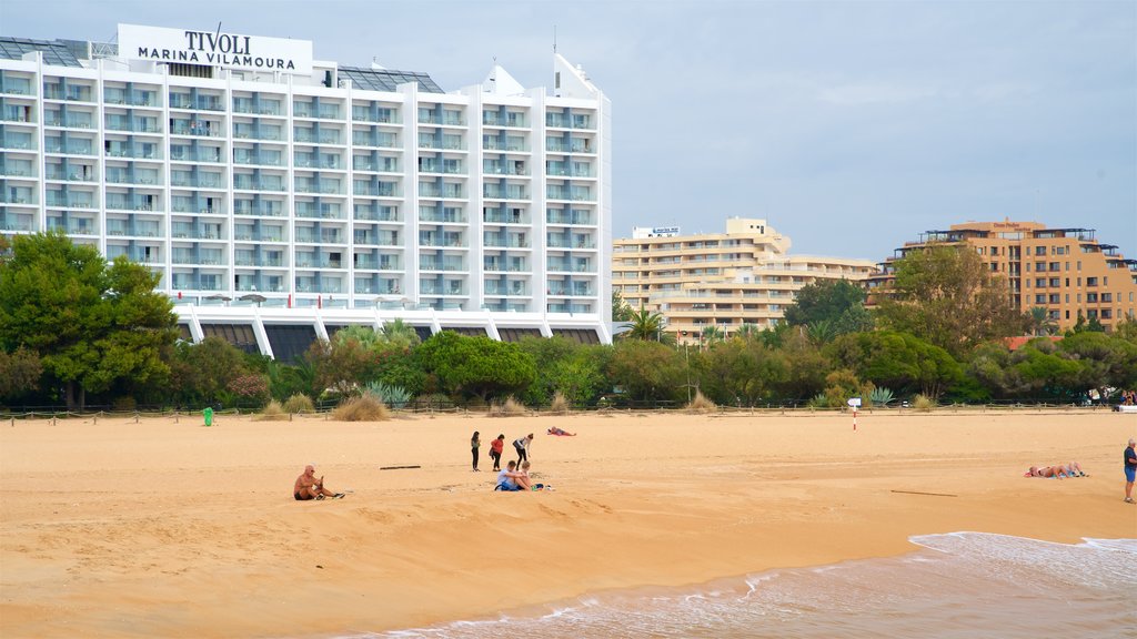 Marina Beach which includes a sandy beach, a coastal town and general coastal views