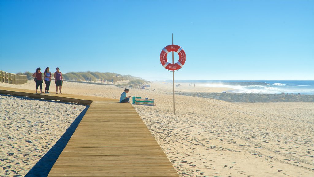 Praia da Costa Nova que inclui paisagens litorâneas e uma praia assim como um pequeno grupo de pessoas