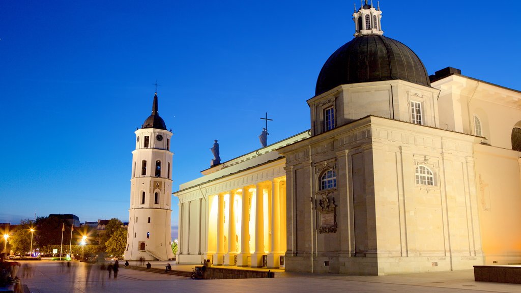 Cathedral Square showing night scenes, heritage elements and religious elements